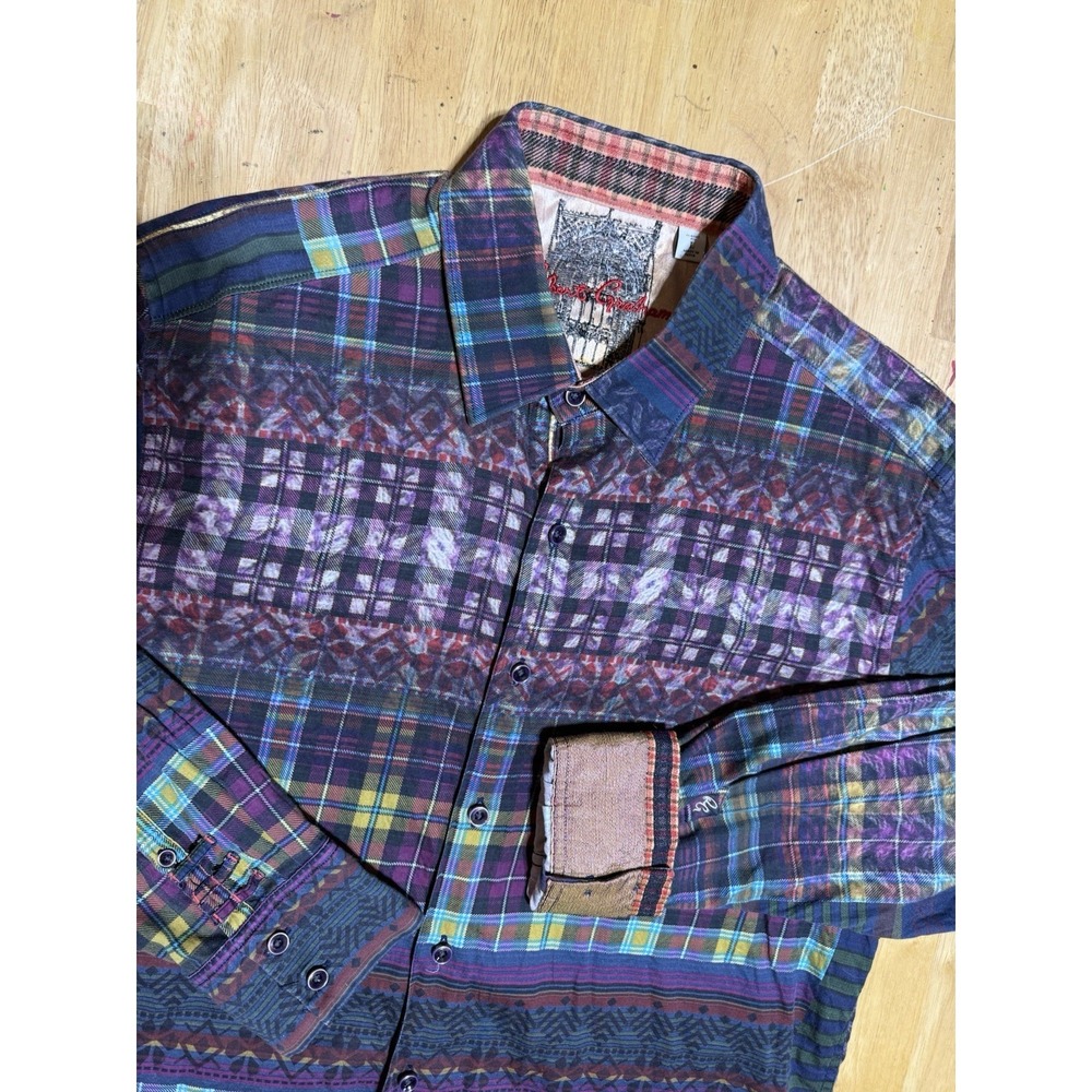 Robert Graham Shirt Mens L Patchwork Plaid Skull Back Flip Cuff Long Sleeve